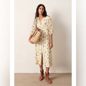 Ba&sh Floral floaty lady Button midi tea dress cream white 2 M French puff sleev